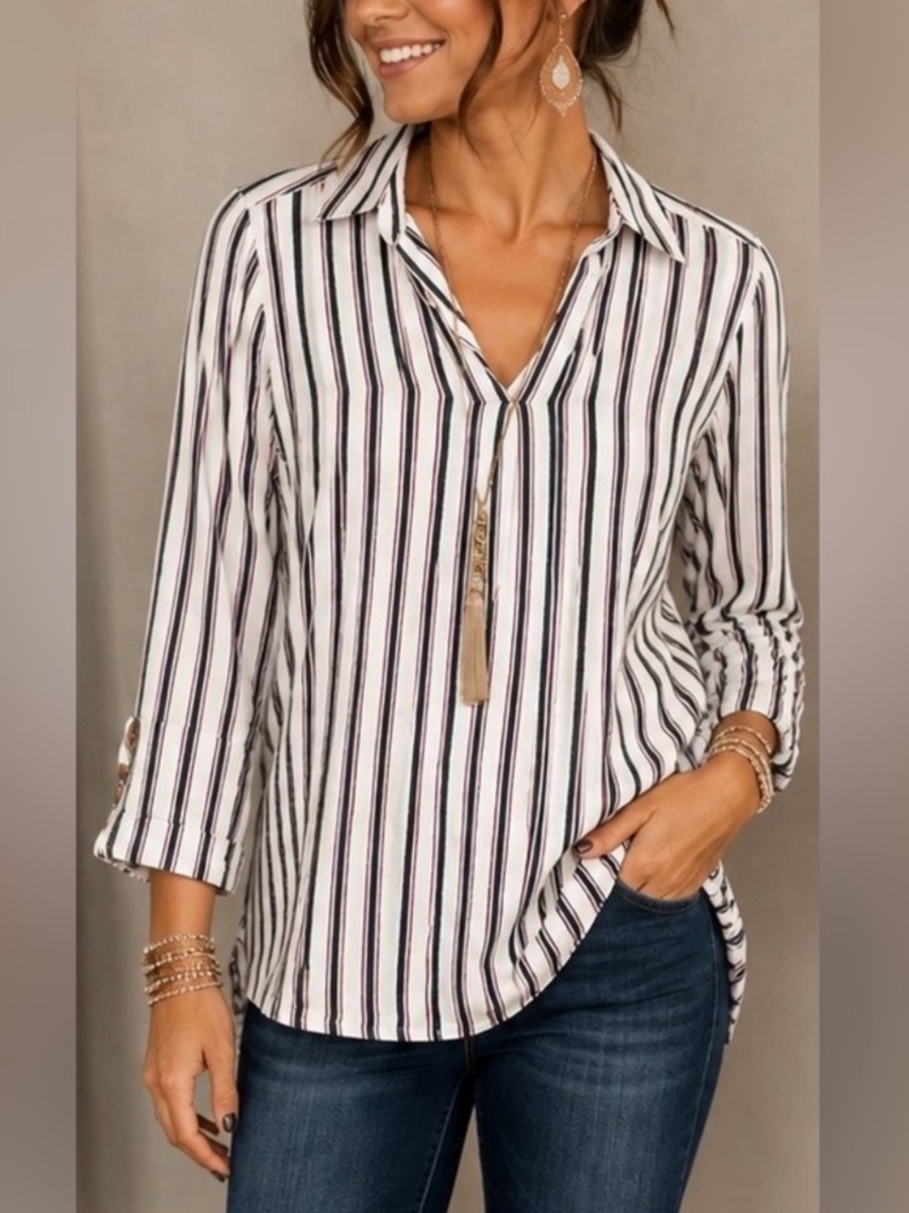 St. John’s Bay Women’s Small Striped Button Side Tunic Blouse - Picture 2 of 10